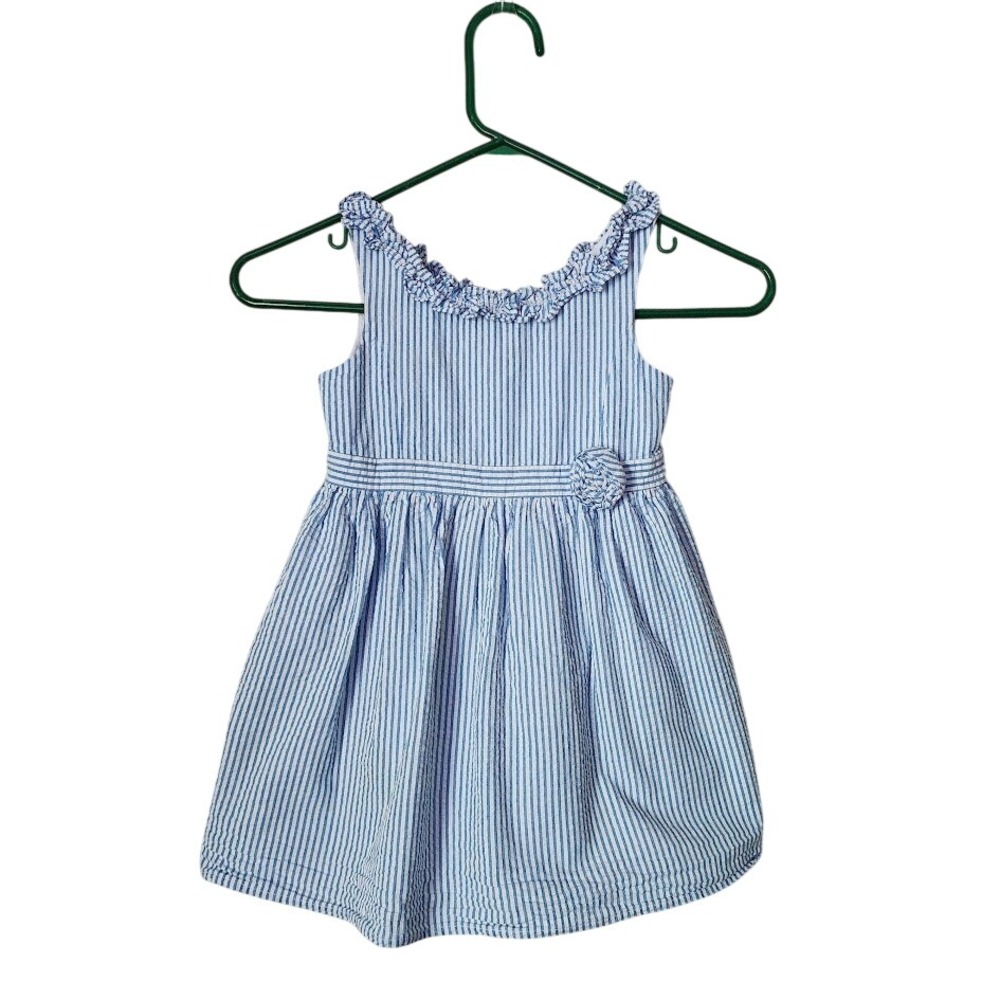 LILLY PULITZER Blue White Seersucker‎ Stripe Dress Ruffle Flower Preppy Girls 5